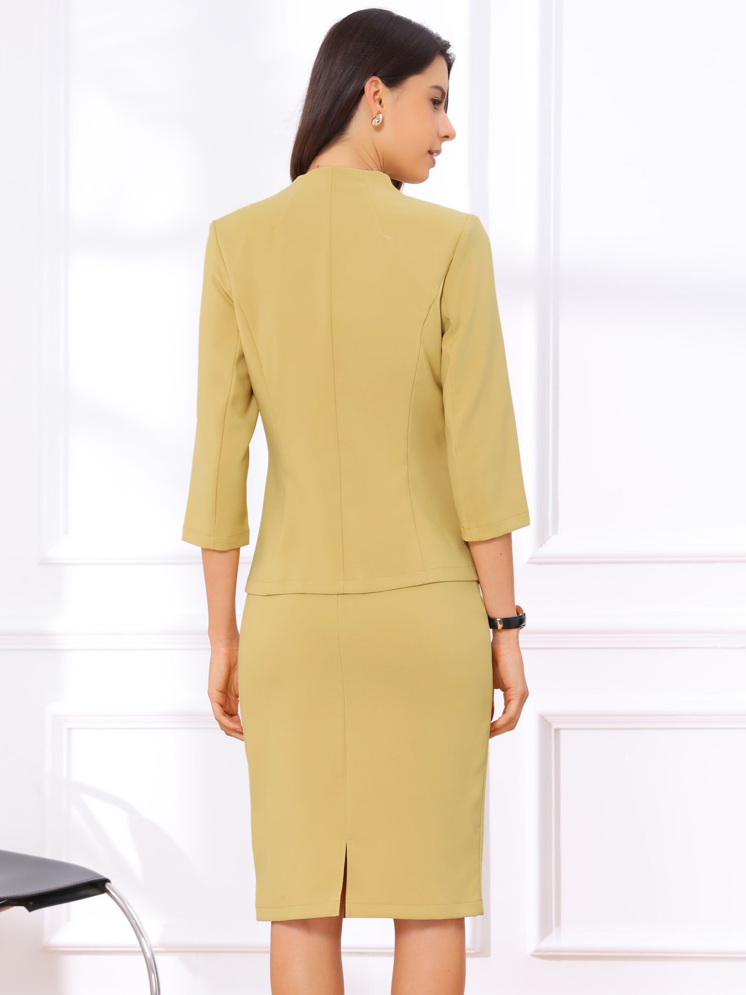 2 Pieces Collarless 3/4 Sleeves Blazer and Pencil Skirt Work Business Suit Set