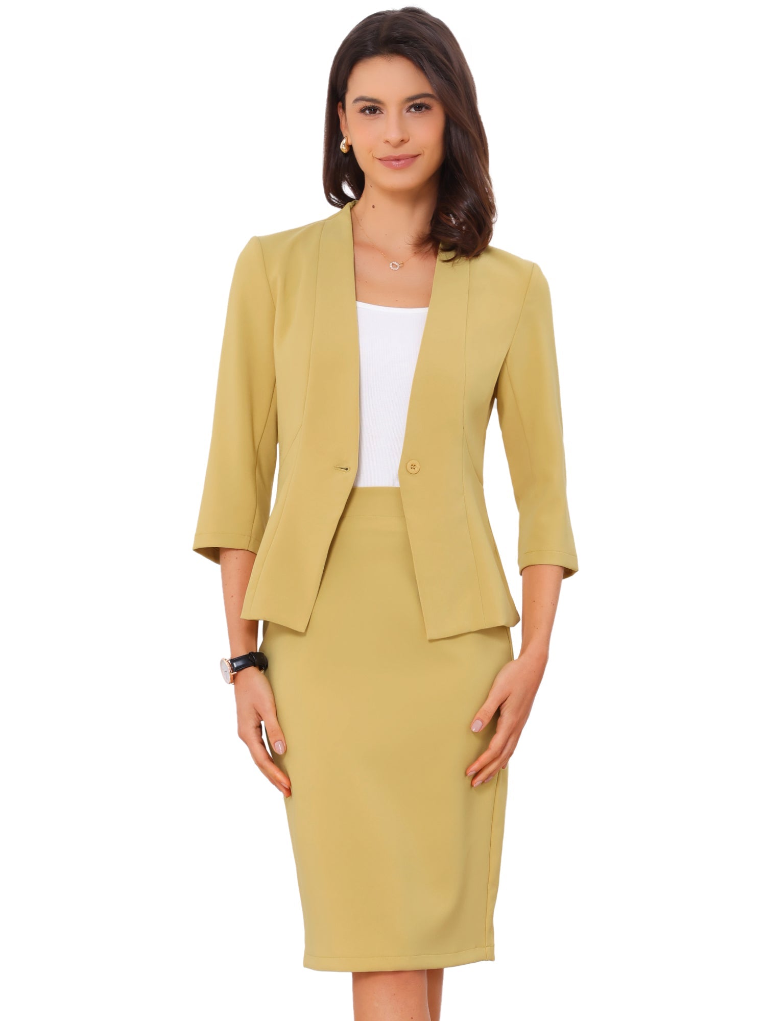 2 Pieces Collarless 3/4 Sleeves Blazer and Pencil Skirt Work Business Suit Set