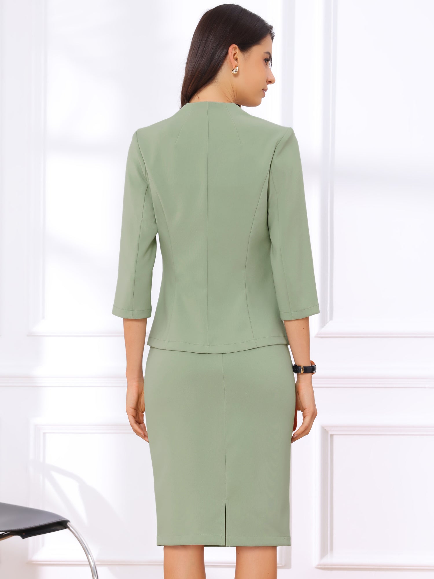 2 Pieces Collarless 3/4 Sleeves Blazer and Pencil Skirt Office Work Business Suit Set
