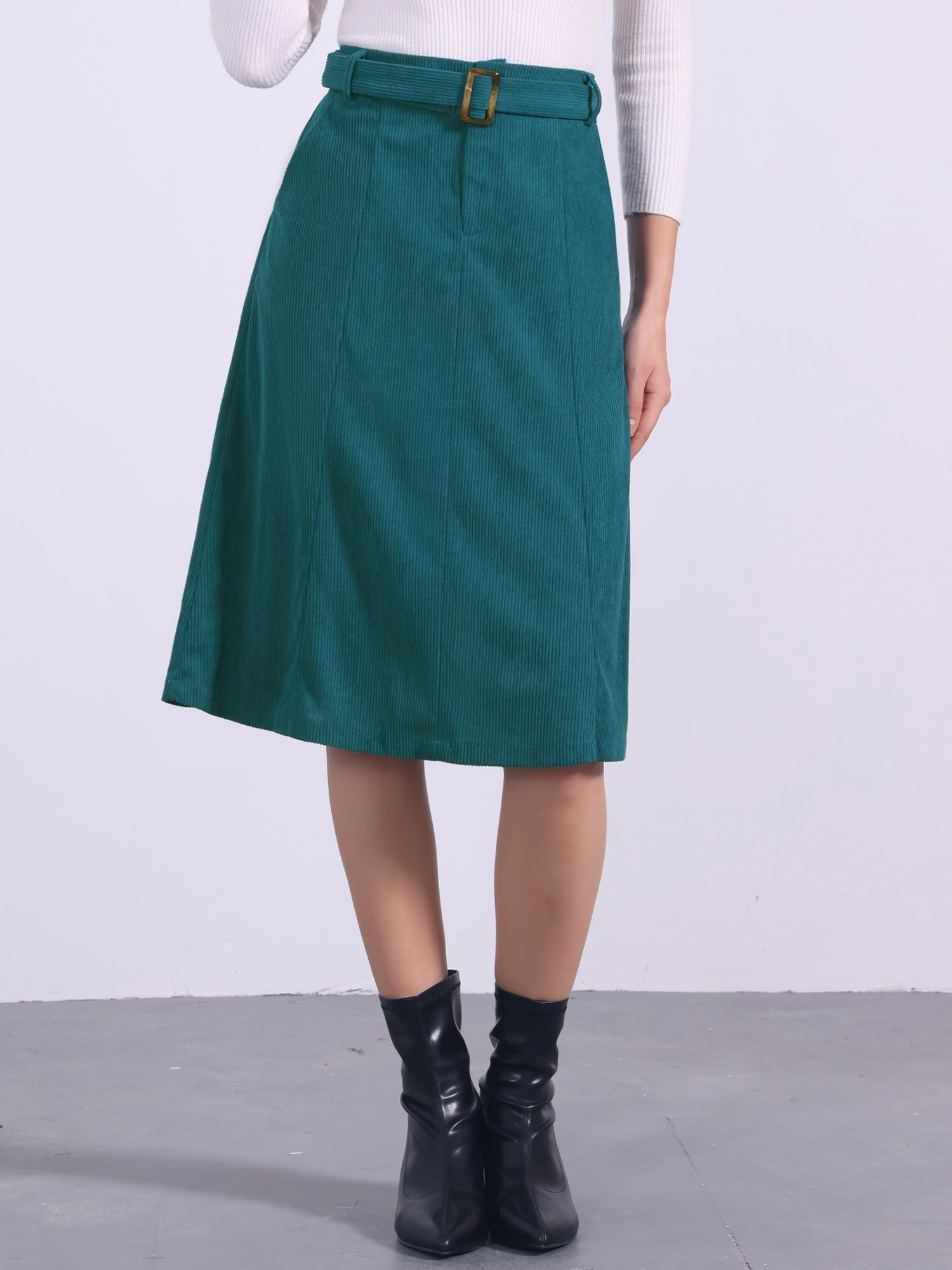 High Waist Elastic Back A-Line Belted Corduroy Pockets Midi Skirt