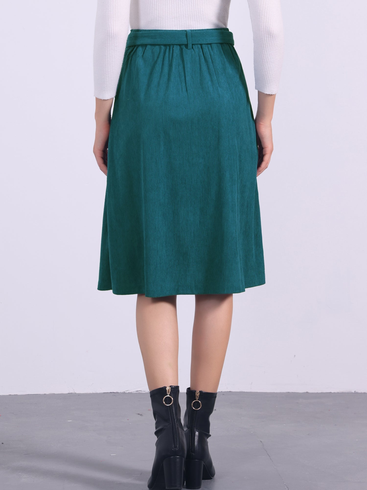 High Waist Elastic Back A-Line Belted Corduroy Pockets Midi Skirt
