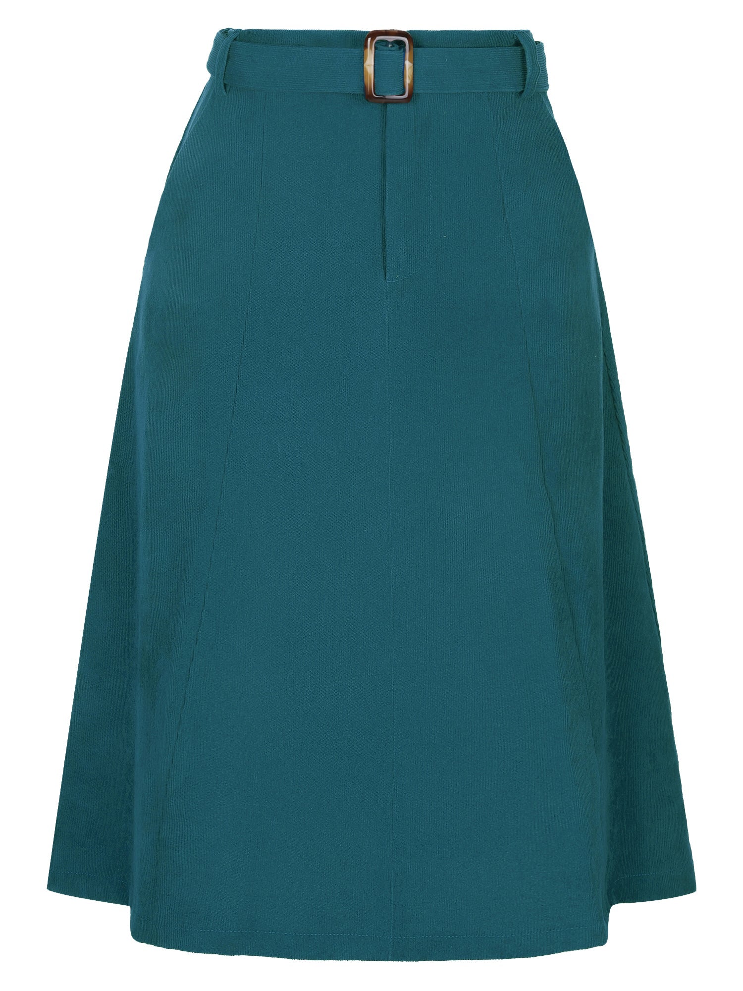 High Waist Elastic Back A-Line Belted Corduroy Pockets Midi Skirt