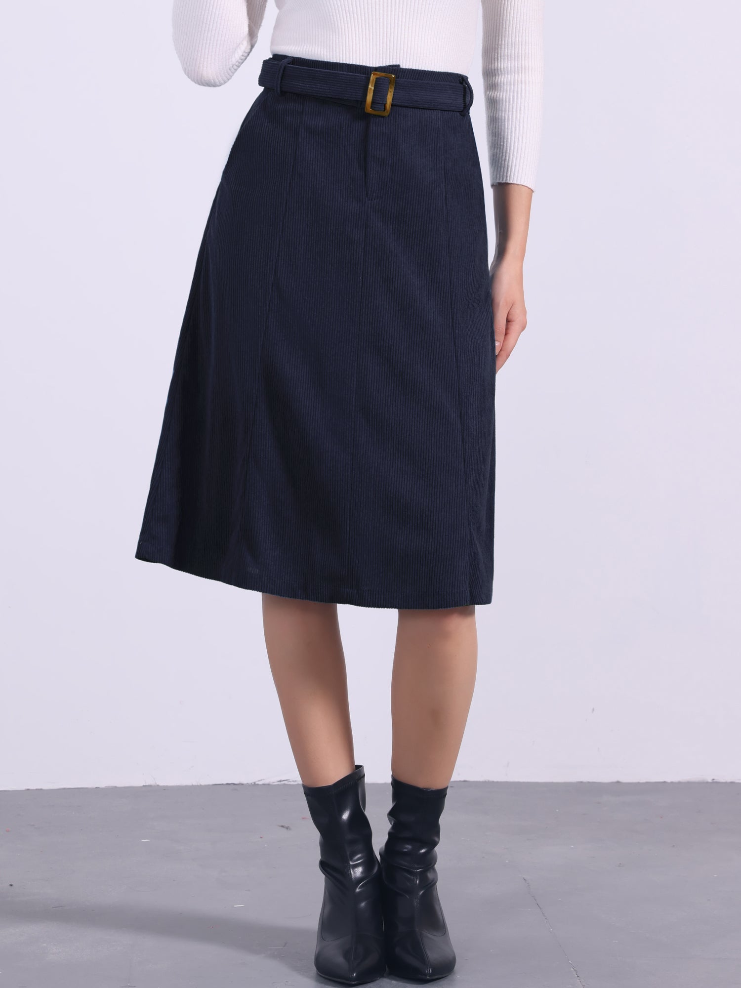 High Waist Elastic Back A-Line Belted Corduroy Pockets Midi Skirt