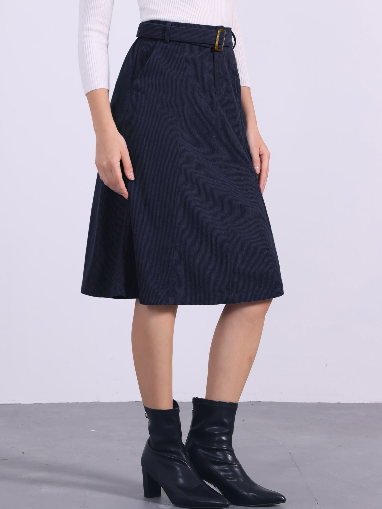 High Waist Elastic Back A-Line Belted Corduroy Pockets Midi Skirt