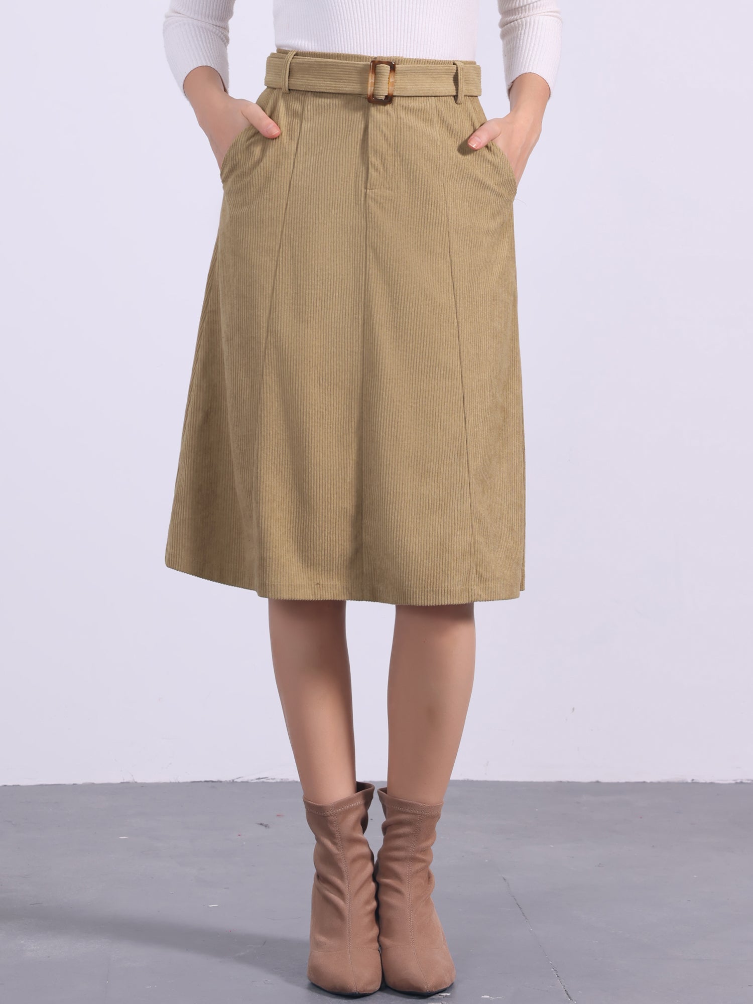 High Waist Elastic Back A-Line Belted Corduroy Pockets Midi Skirt