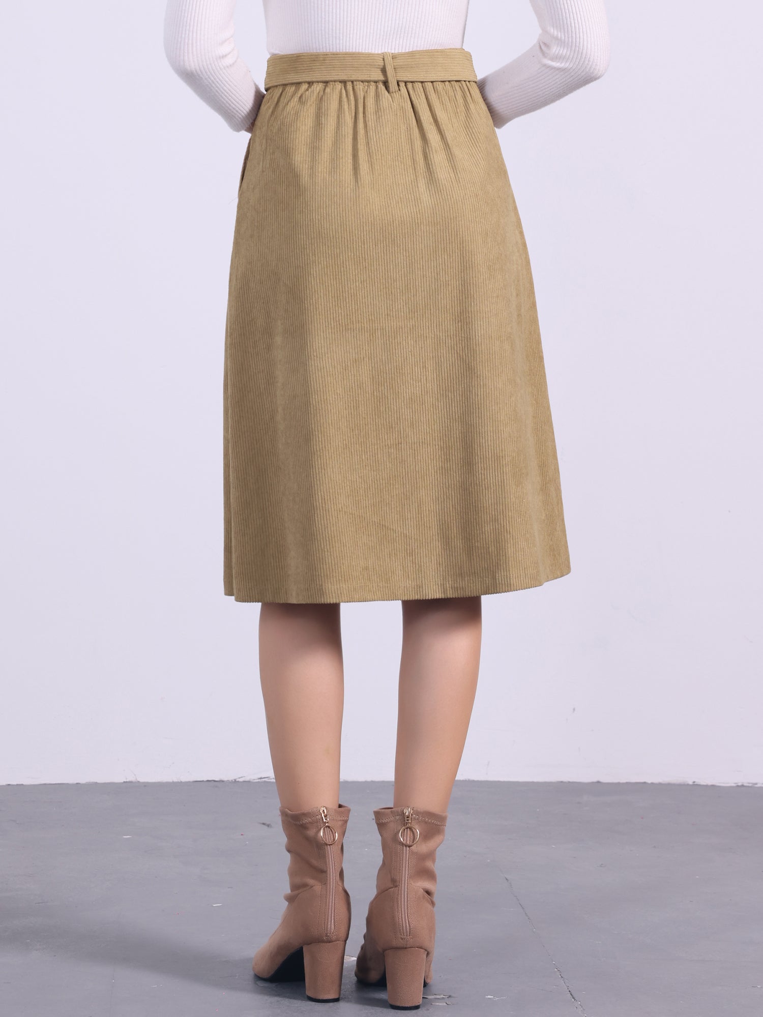 High Waist Elastic Back A-Line Belted Corduroy Pockets Midi Skirt