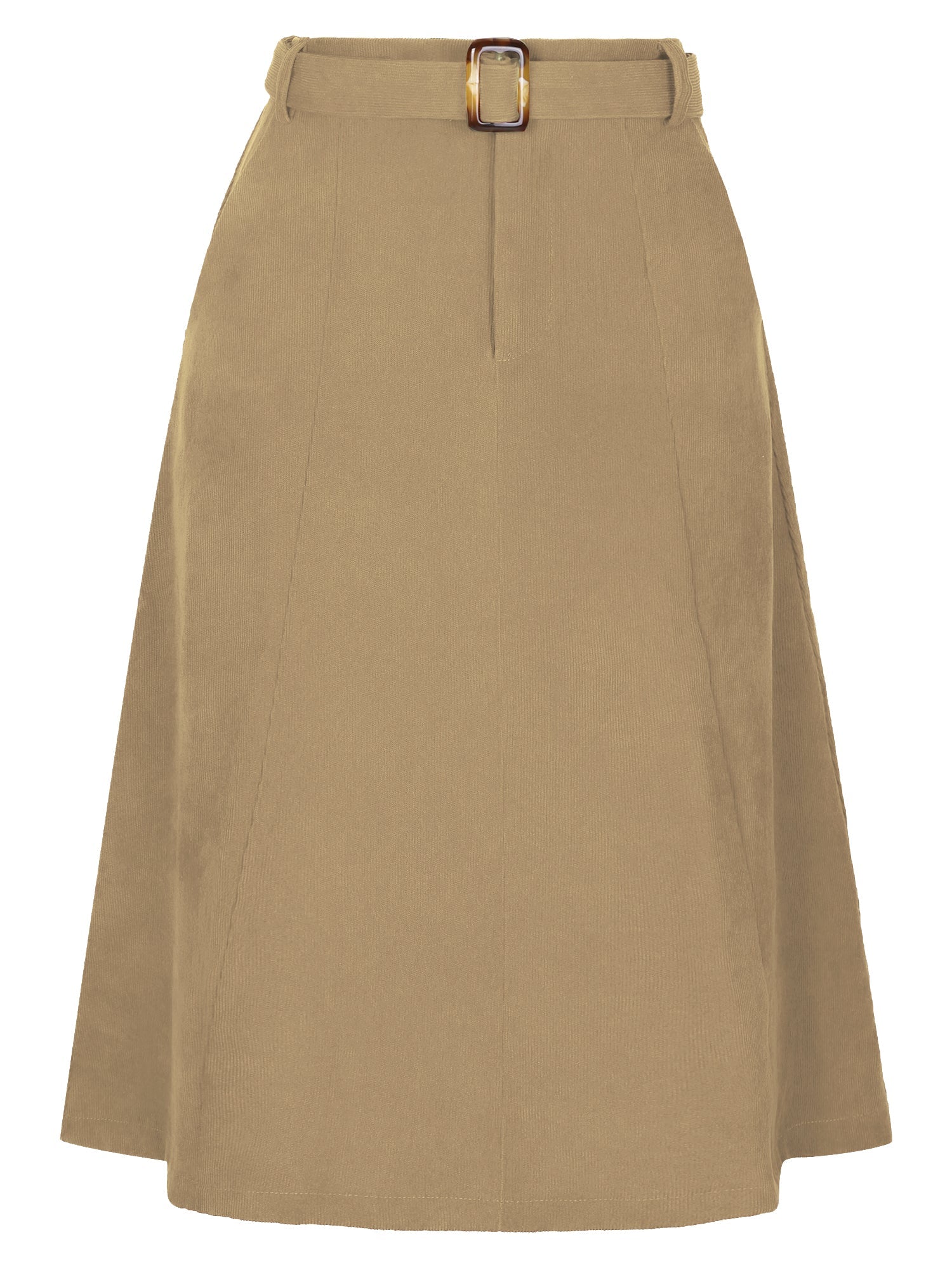 High Waist Elastic Back A-Line Belted Corduroy Pockets Midi Skirt