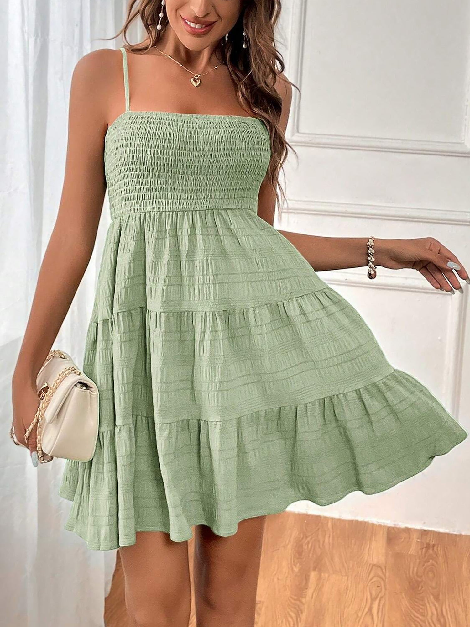 Spaghetti Strap Smocked Tiered Textured Dress