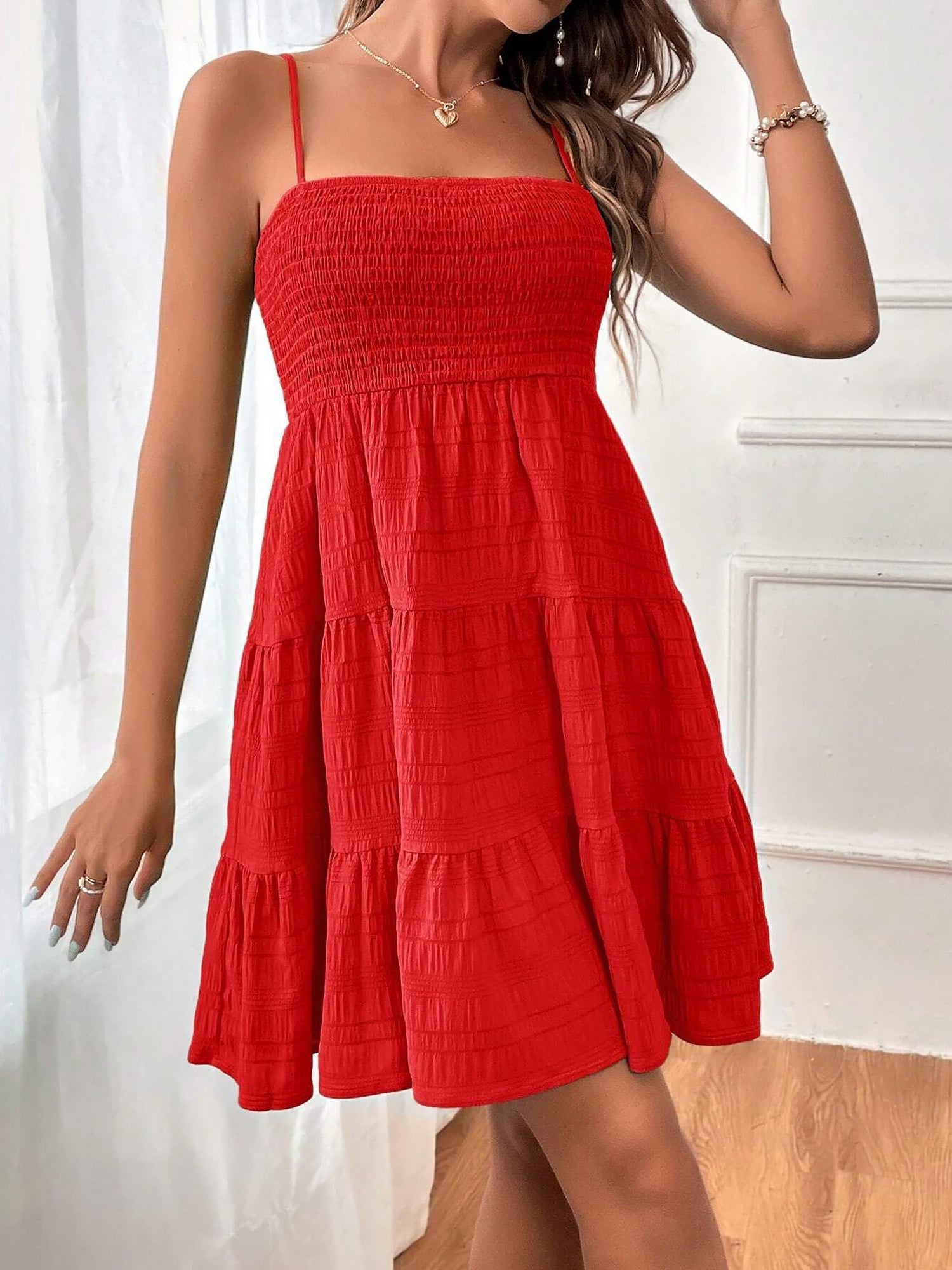 Spaghetti Strap Smocked Tiered Textured Dress