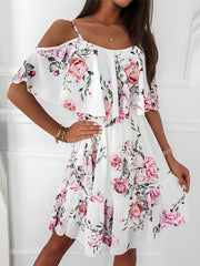 Romantic Floral Cold Shoulder Dress - Ruffle Trim Chiffon Mini