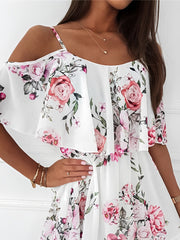 Romantic Floral Cold Shoulder Dress - Ruffle Trim Chiffon Mini