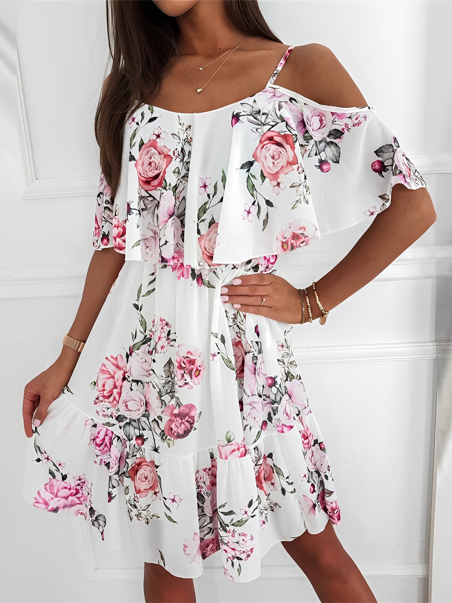 Romantic Floral Cold Shoulder Dress - Ruffle Trim Chiffon Mini