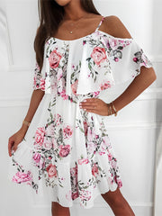 Romantic Floral Cold Shoulder Dress - Ruffle Trim Chiffon Mini