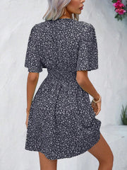V Neck Short Sleeve Floral Ruched Dress