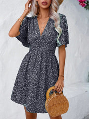 V Neck Short Sleeve Floral Ruched Dress