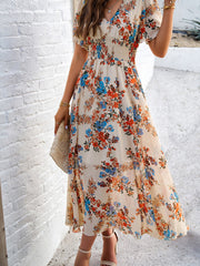 Floral Short Sleeves Smocked Chiffon Dress