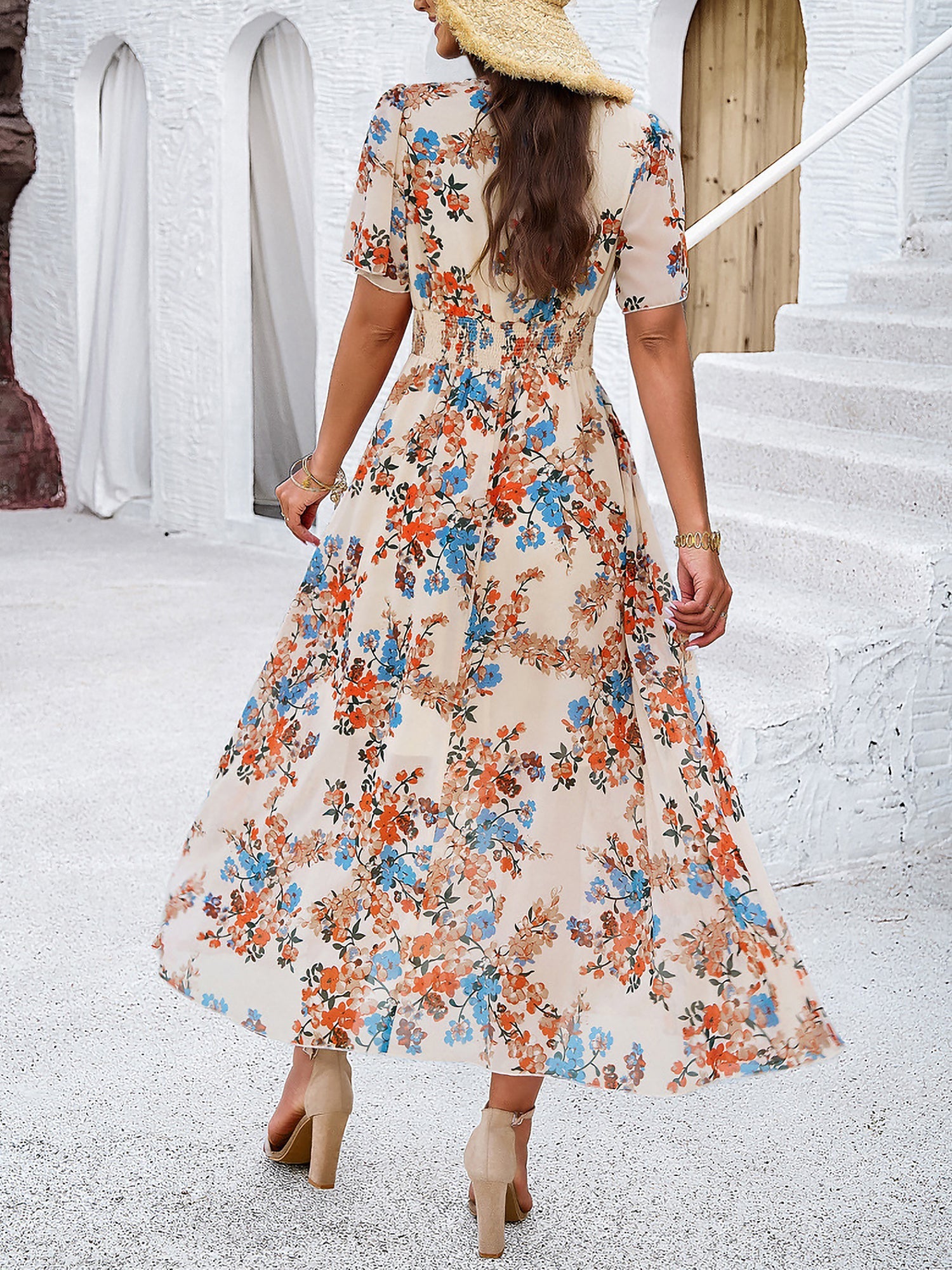 Floral Short Sleeves Smocked Chiffon Dress