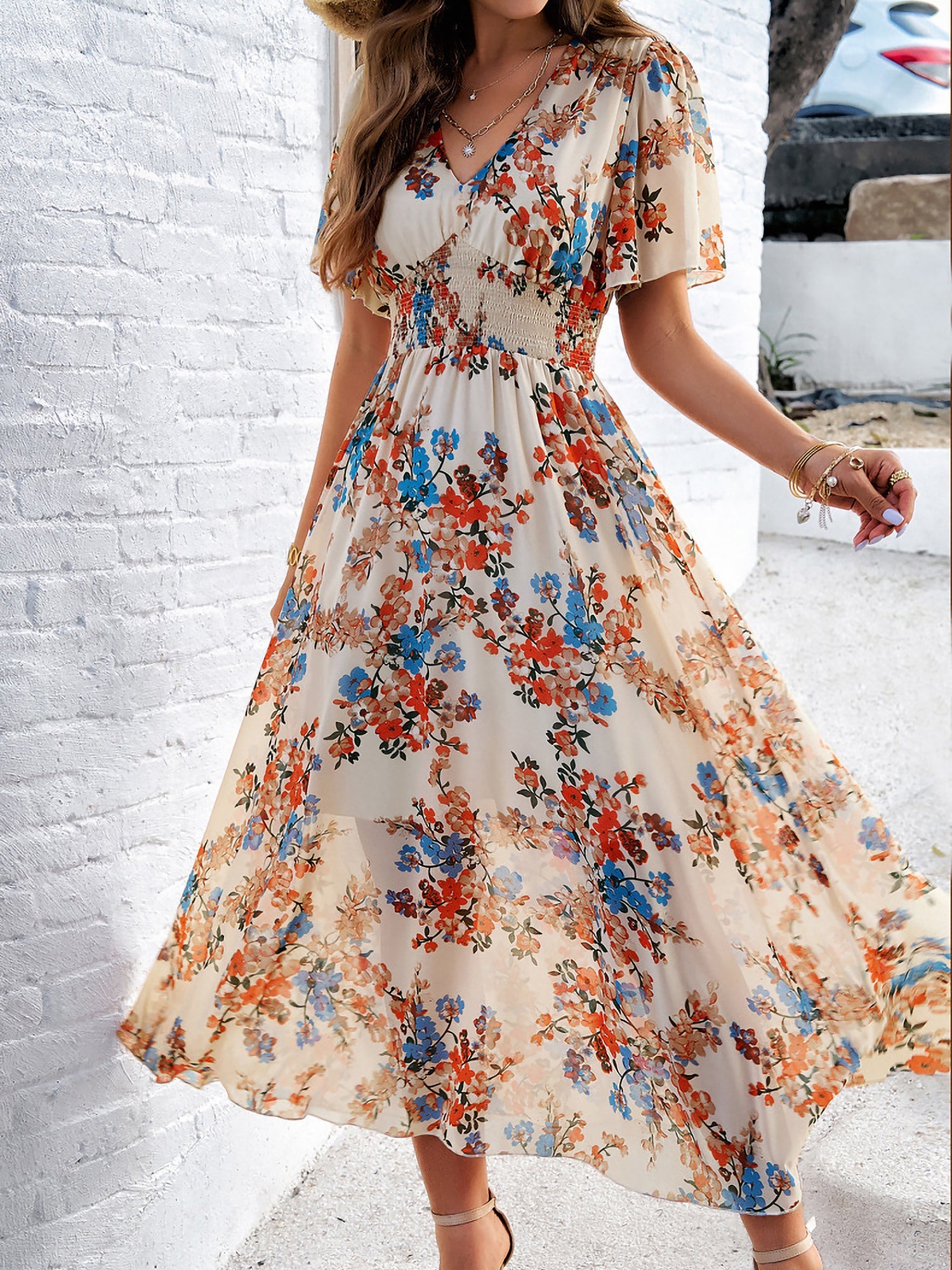 Floral Short Sleeves Smocked Chiffon Dress