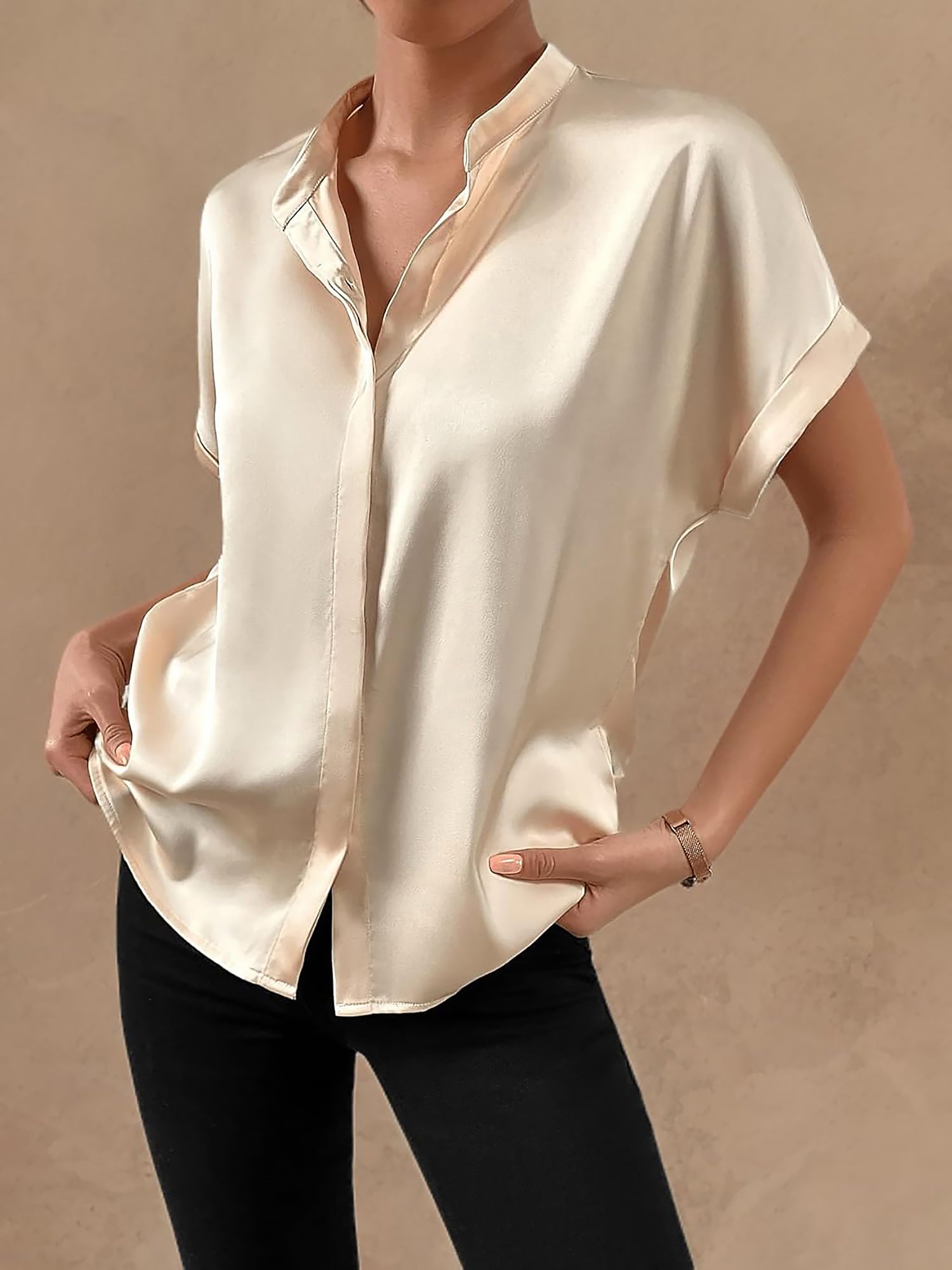 Solid Color Satin Short Sleeves Work Blouse