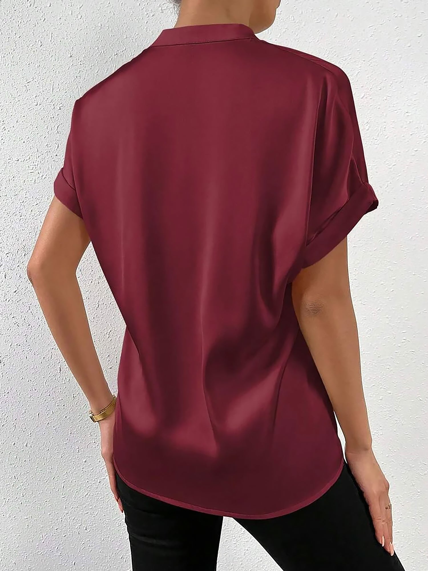 Solid Color Satin Short Sleeves Work Blouse