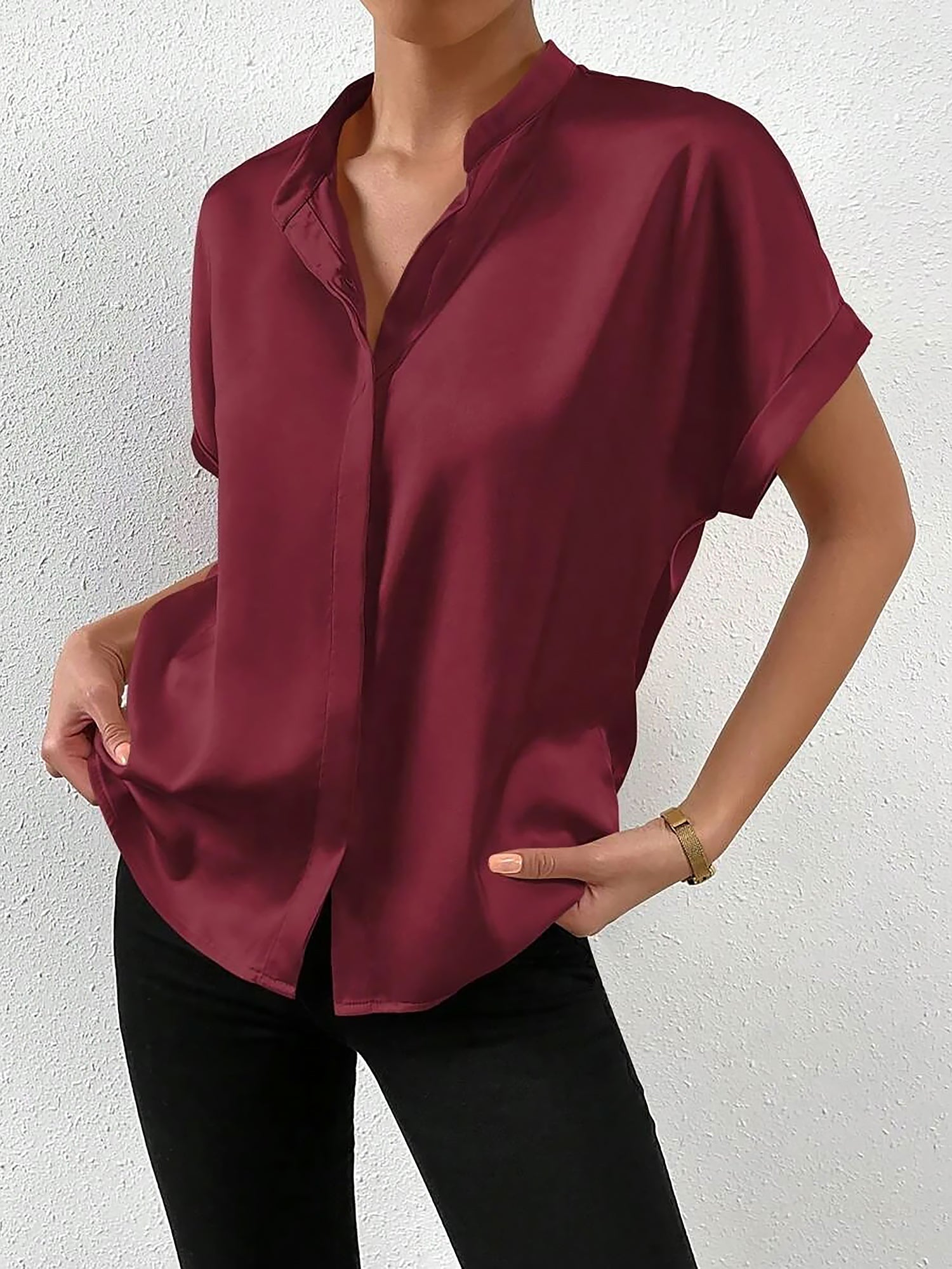 Solid Color Satin Short Sleeves Work Blouse