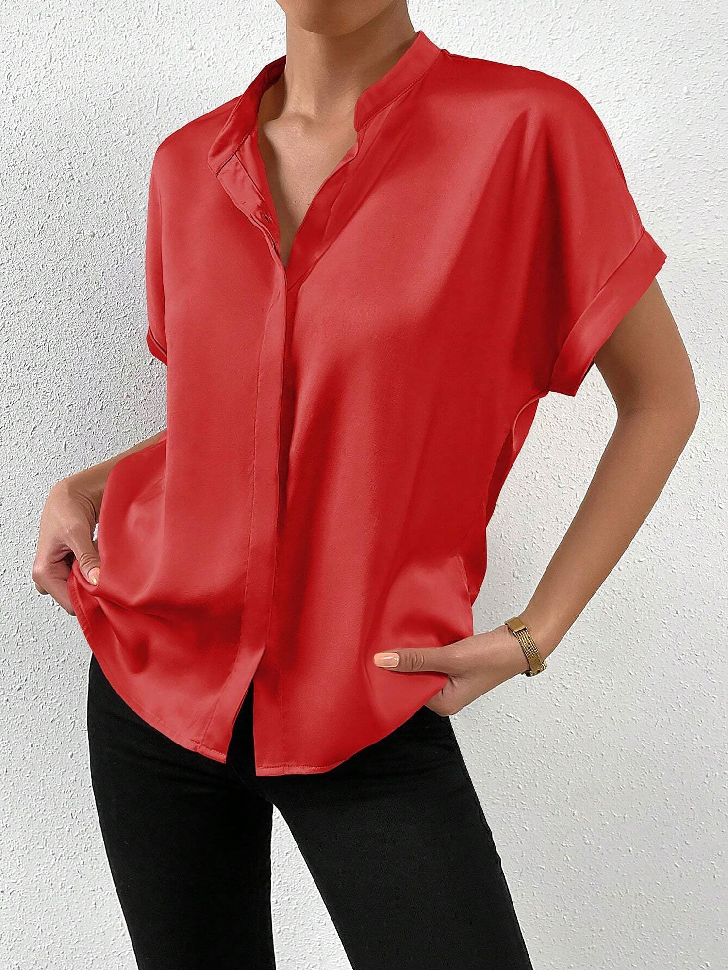 Solid Color Satin Short Sleeves Work Blouse