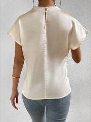Ruched Mock Neck Satin Short Sleeves Blouse