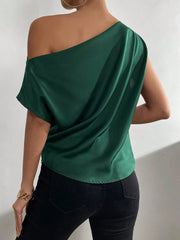 One Shoulder Ruched Asymmetrical Neck Satin Blouse