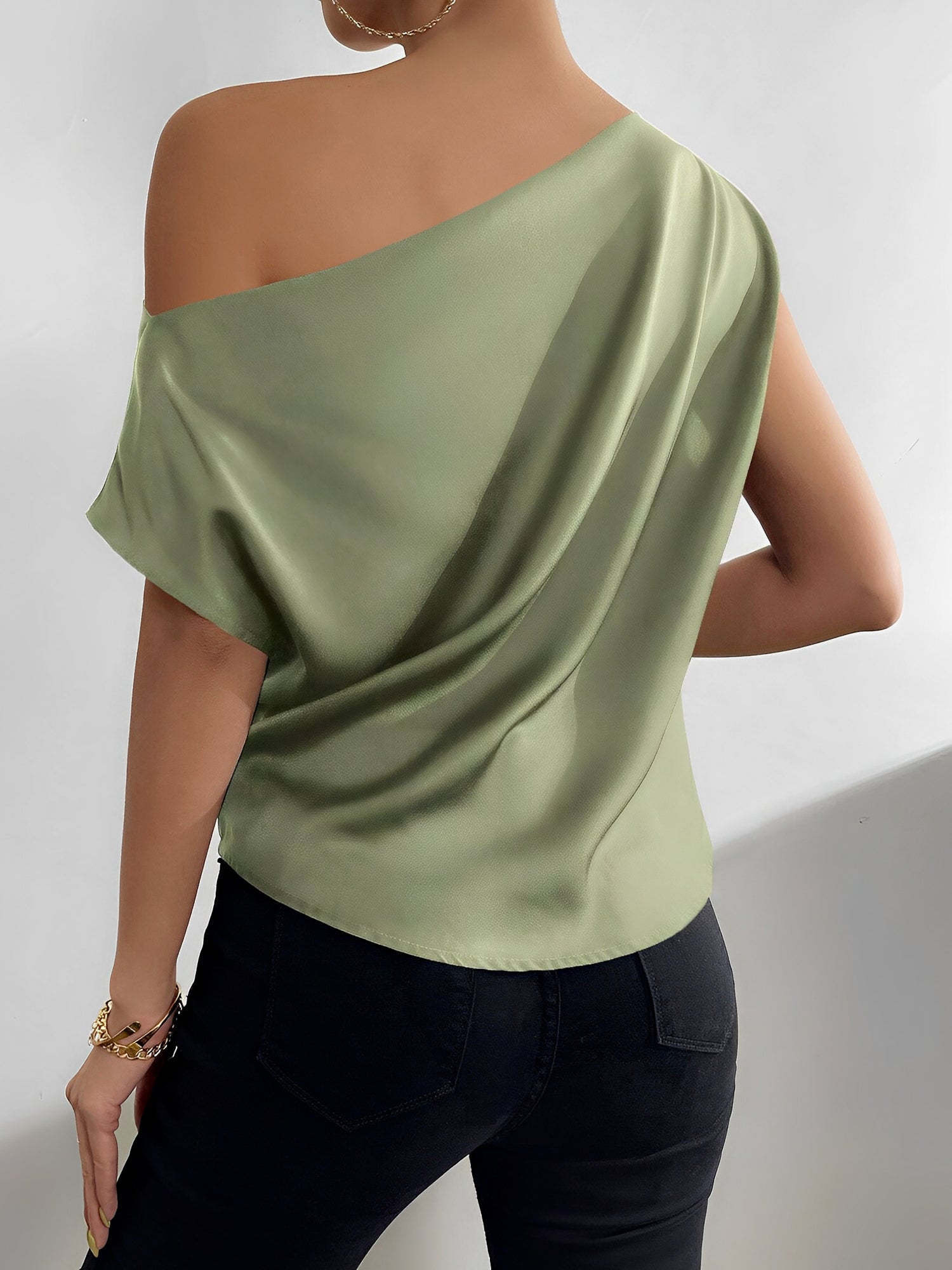 One Shoulder Ruched Asymmetrical Neck Satin Blouse