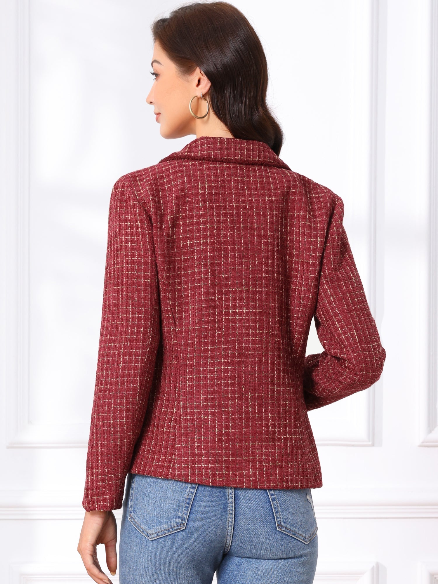 Plaid Tweed Notched Lapel Button Long Sleeve Blazer Jackets