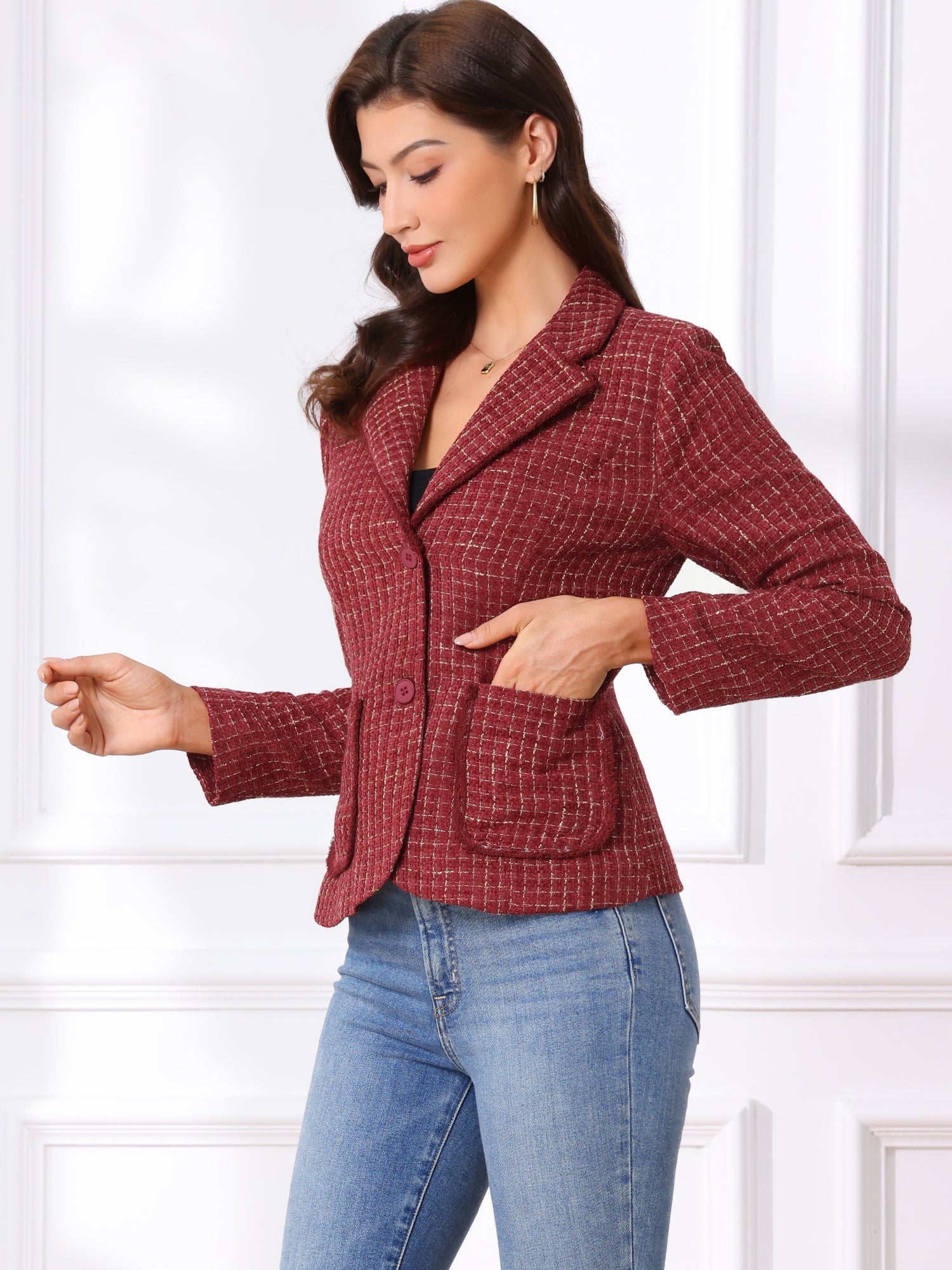 Plaid Tweed Notched Lapel Button Long Sleeve Blazer Jackets