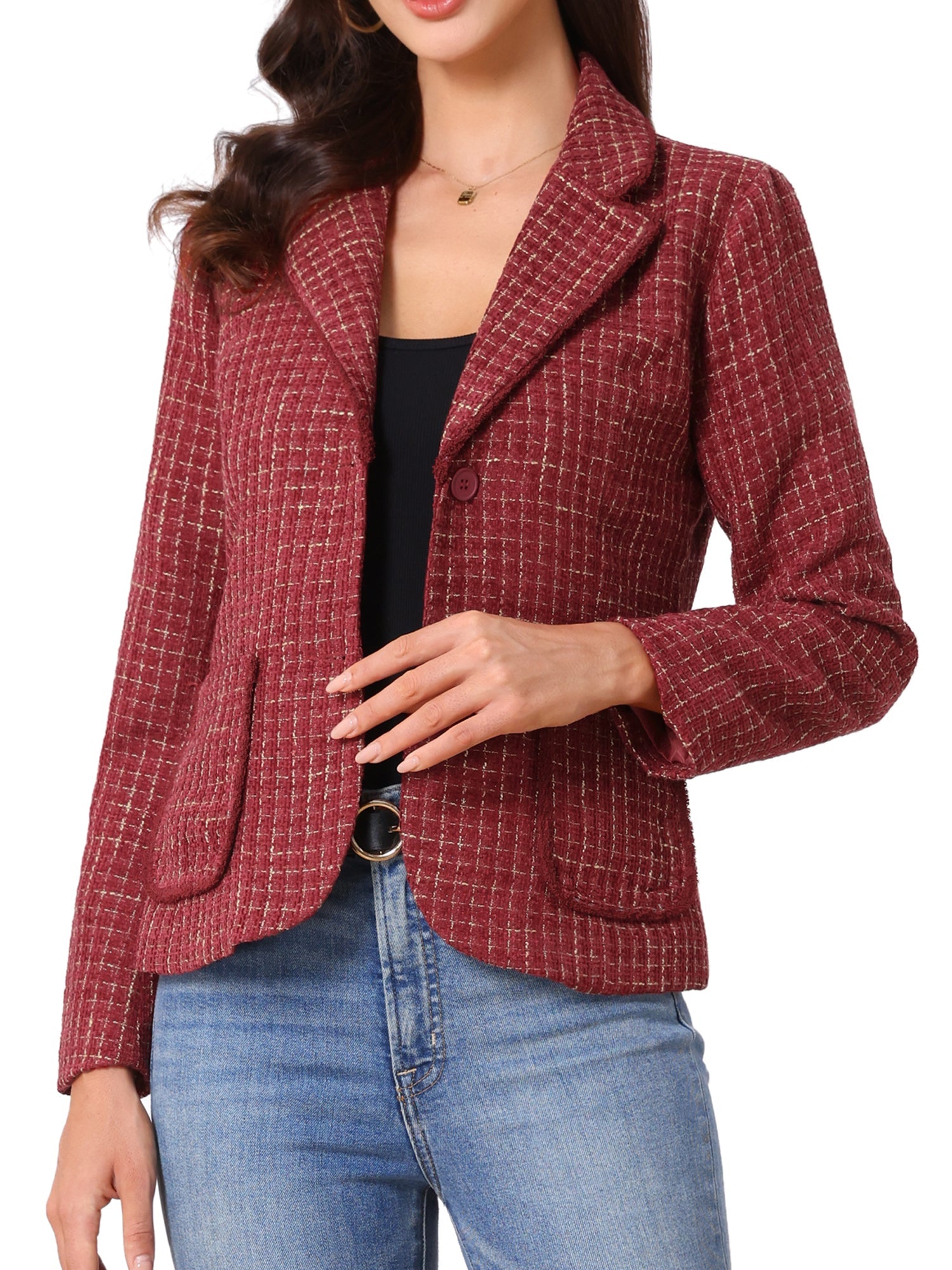 Plaid Tweed Notched Lapel Button Long Sleeve Blazer Jackets