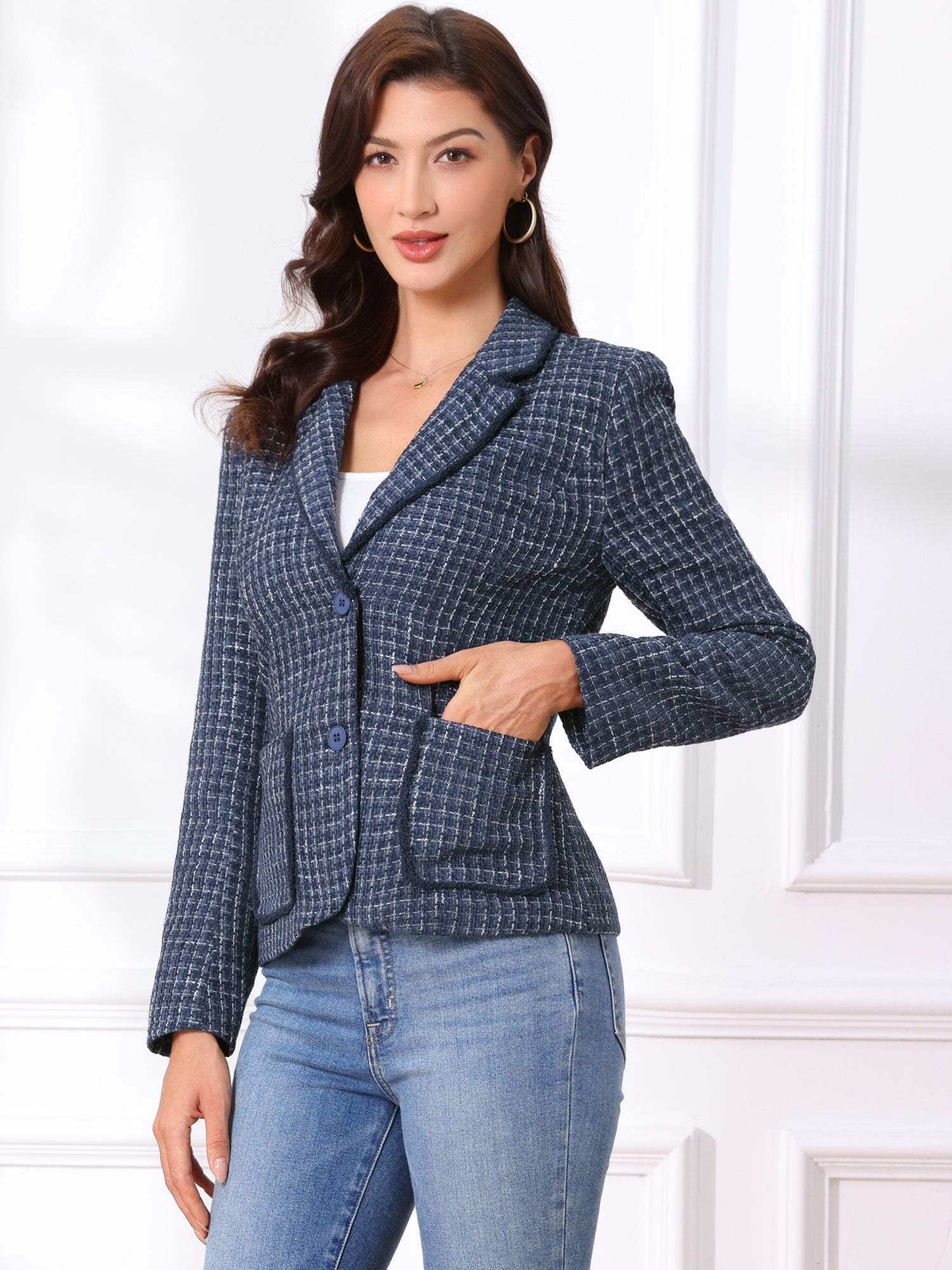 Plaid Tweed Notched Lapel Button Long Sleeve Blazer Jackets