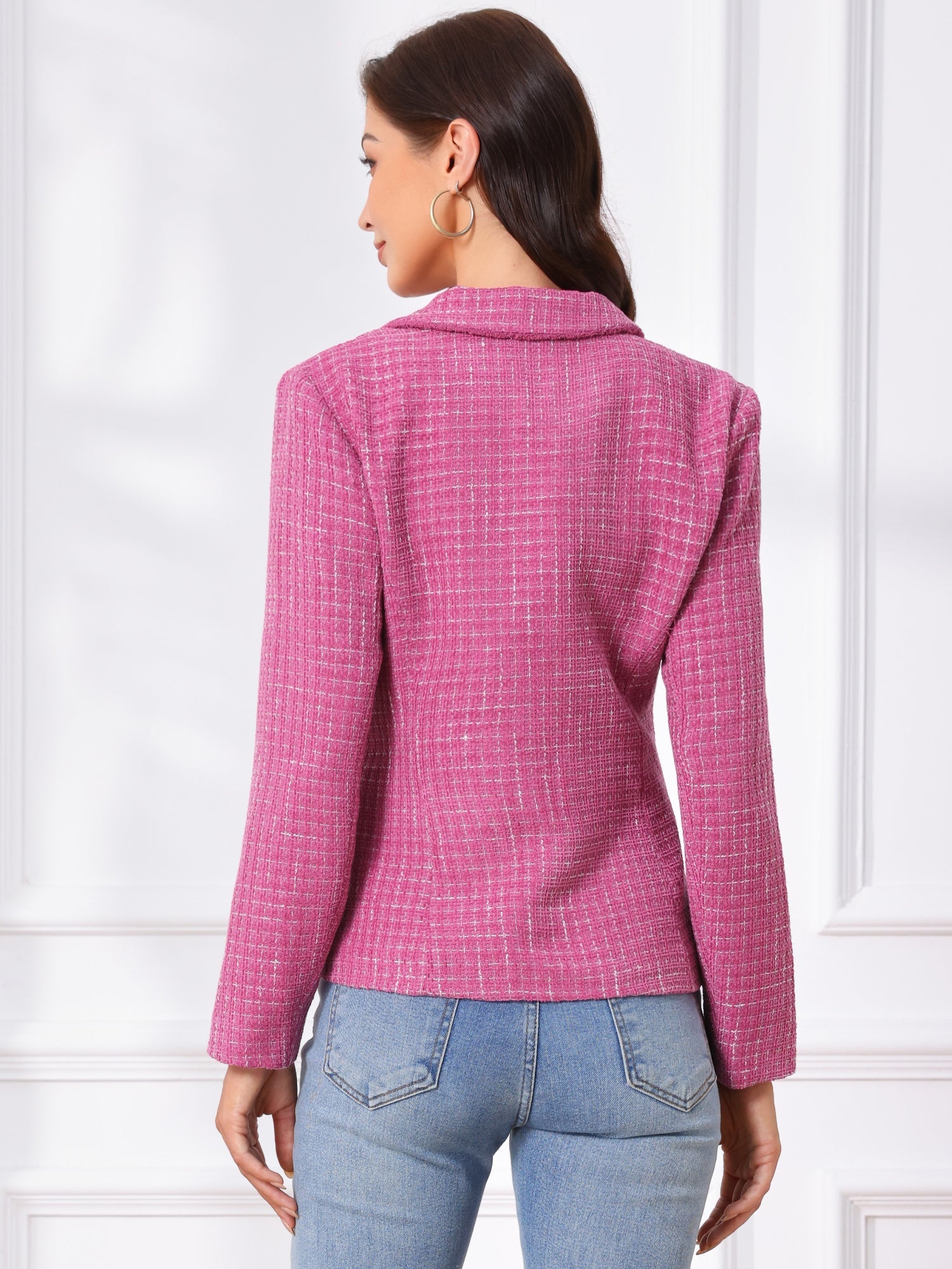 Plaid Tweed Notched Lapel Button Long Sleeve Blazer Jackets