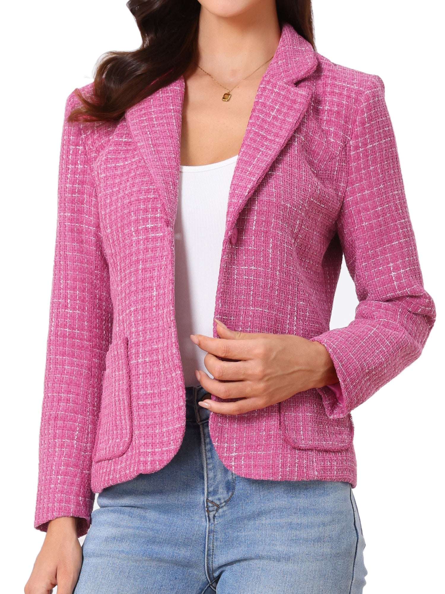 Plaid Tweed Notched Lapel Button Long Sleeve Blazer Jackets