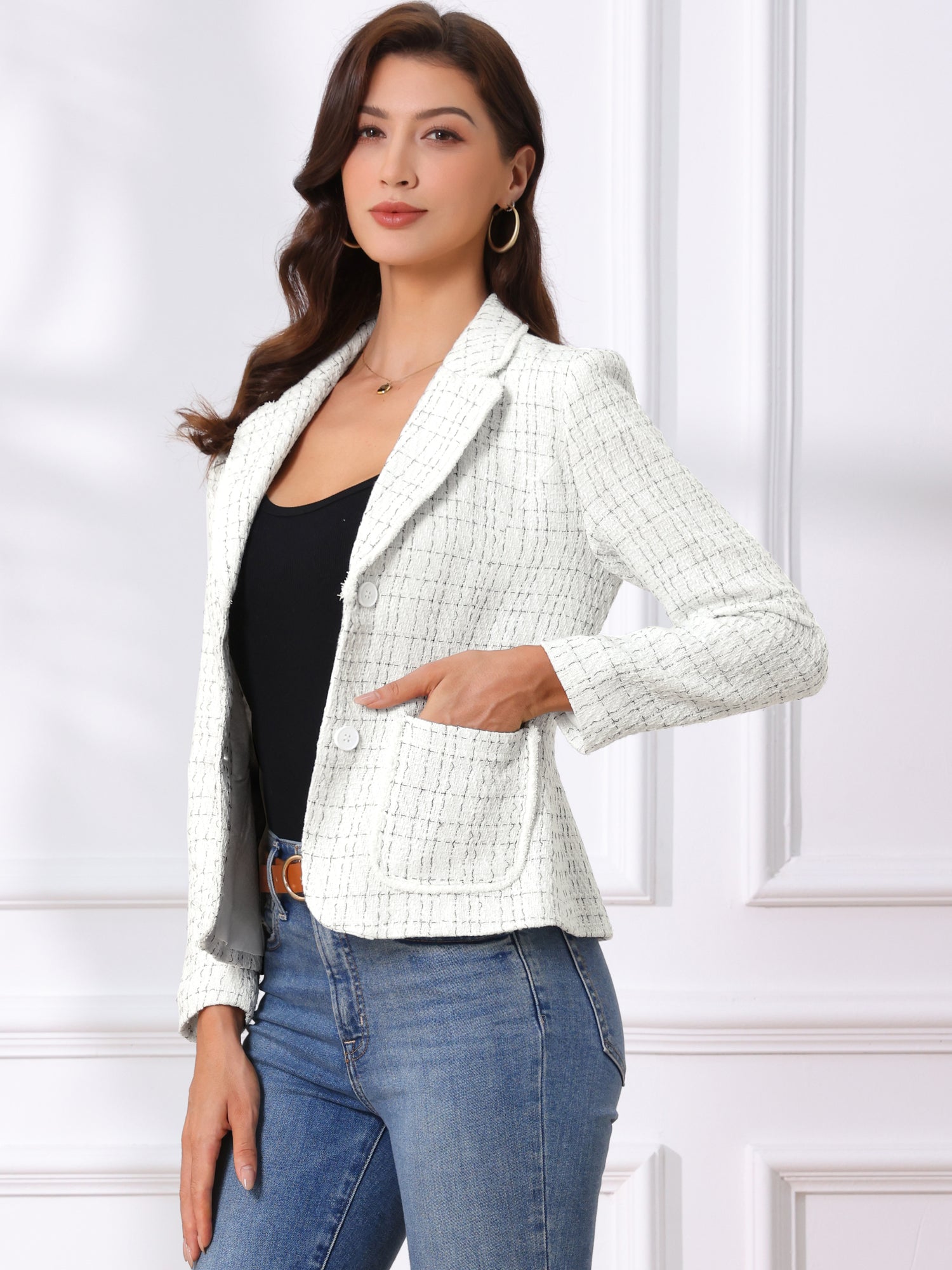 Plaid Tweed Notched Lapel Button Long Sleeve Blazer Jackets