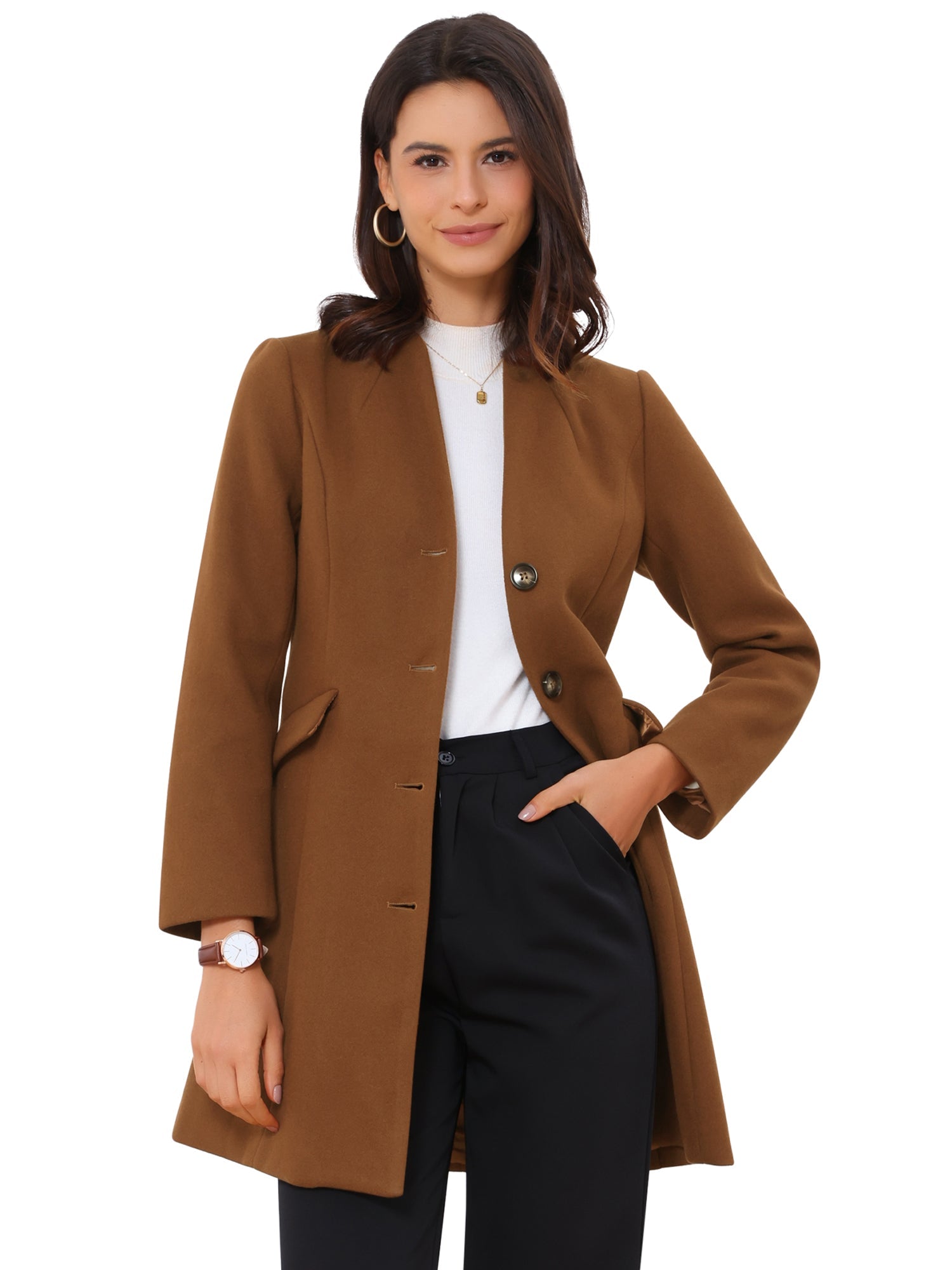 Elegant Winter Overcoat V Neck Single Breasted Long Coat