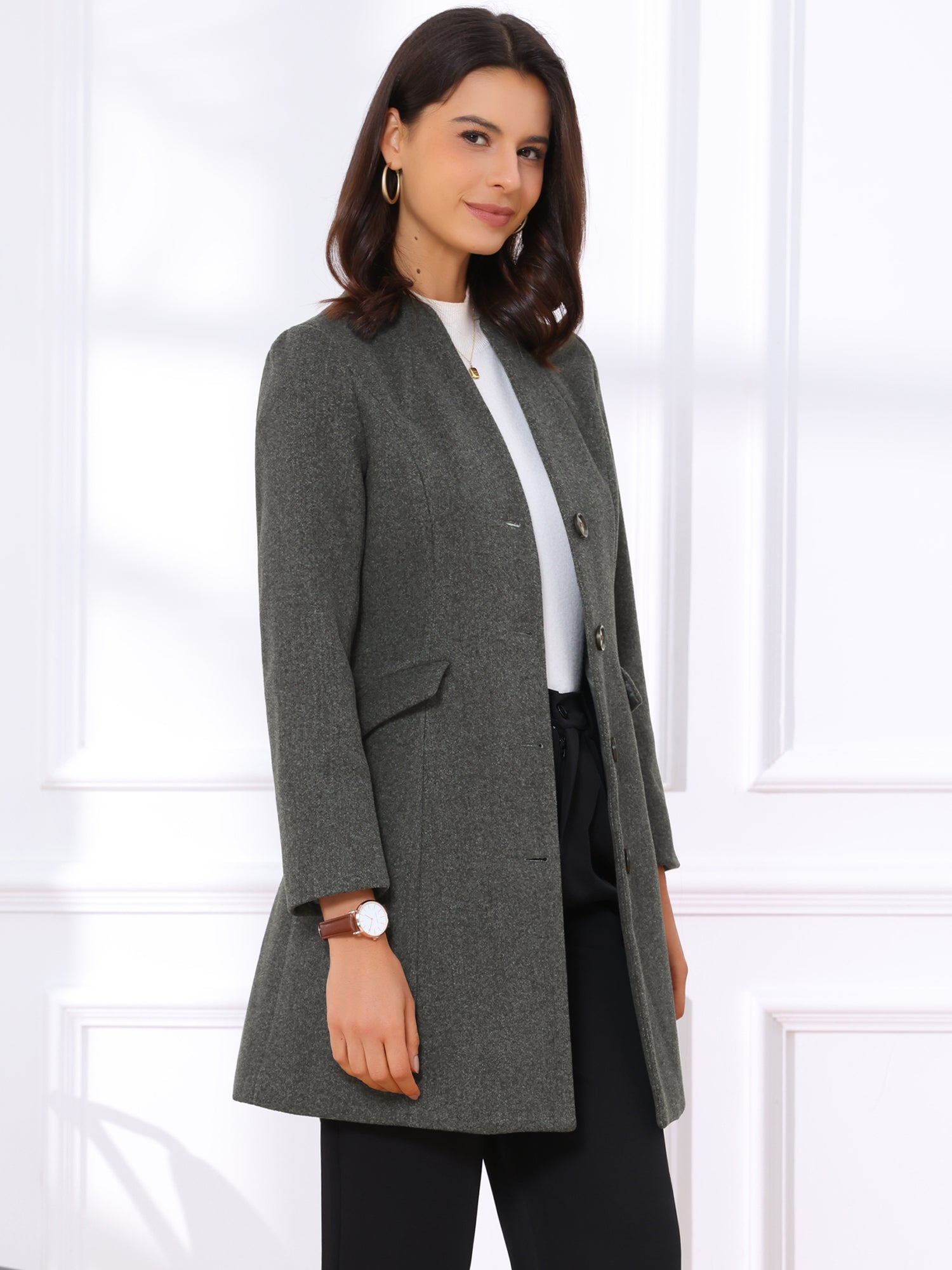 Elegant Winter Overcoat V Neck Single Breasted Long Coat