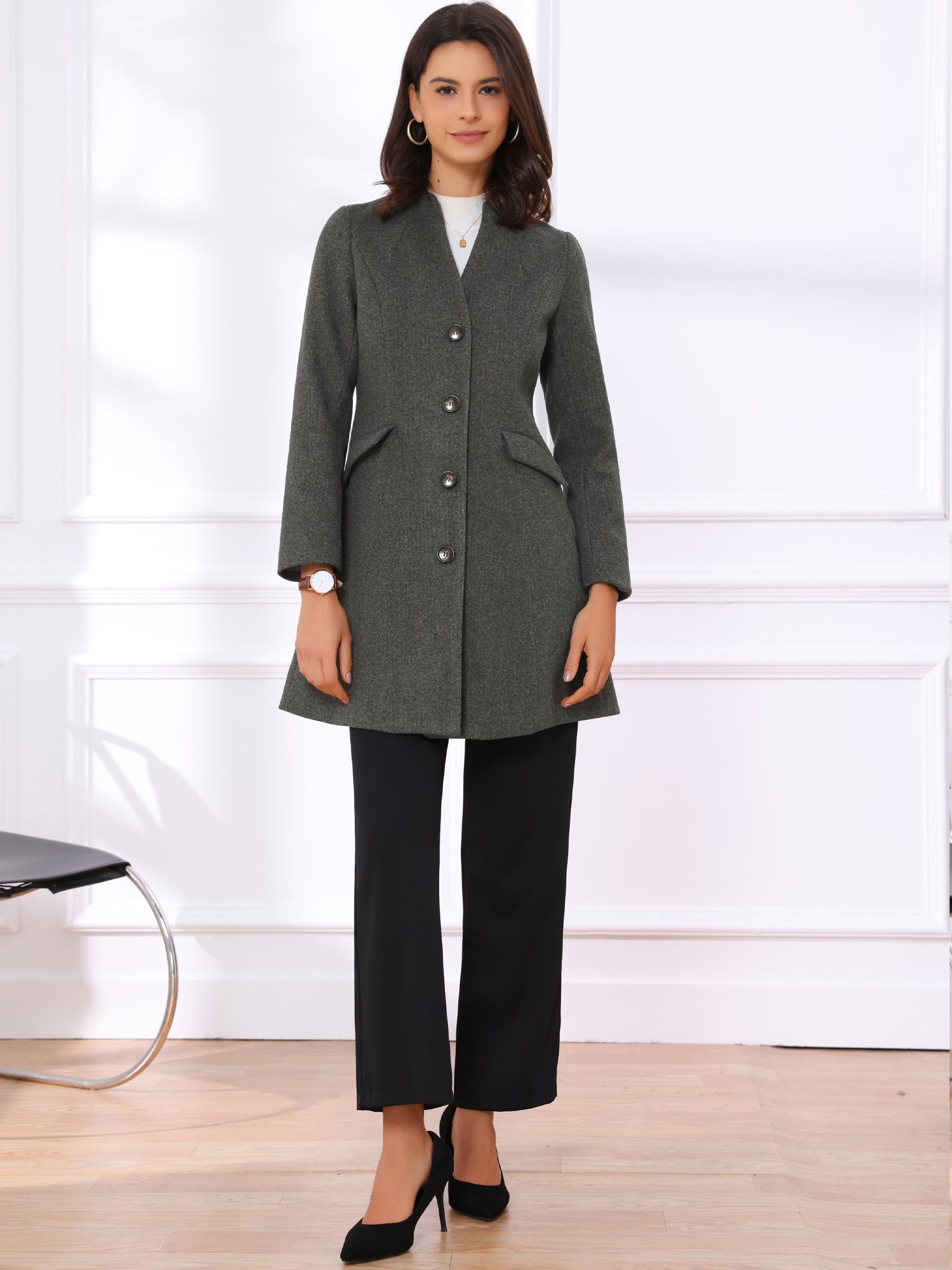 Elegant Winter Overcoat V Neck Single Breasted Long Coat