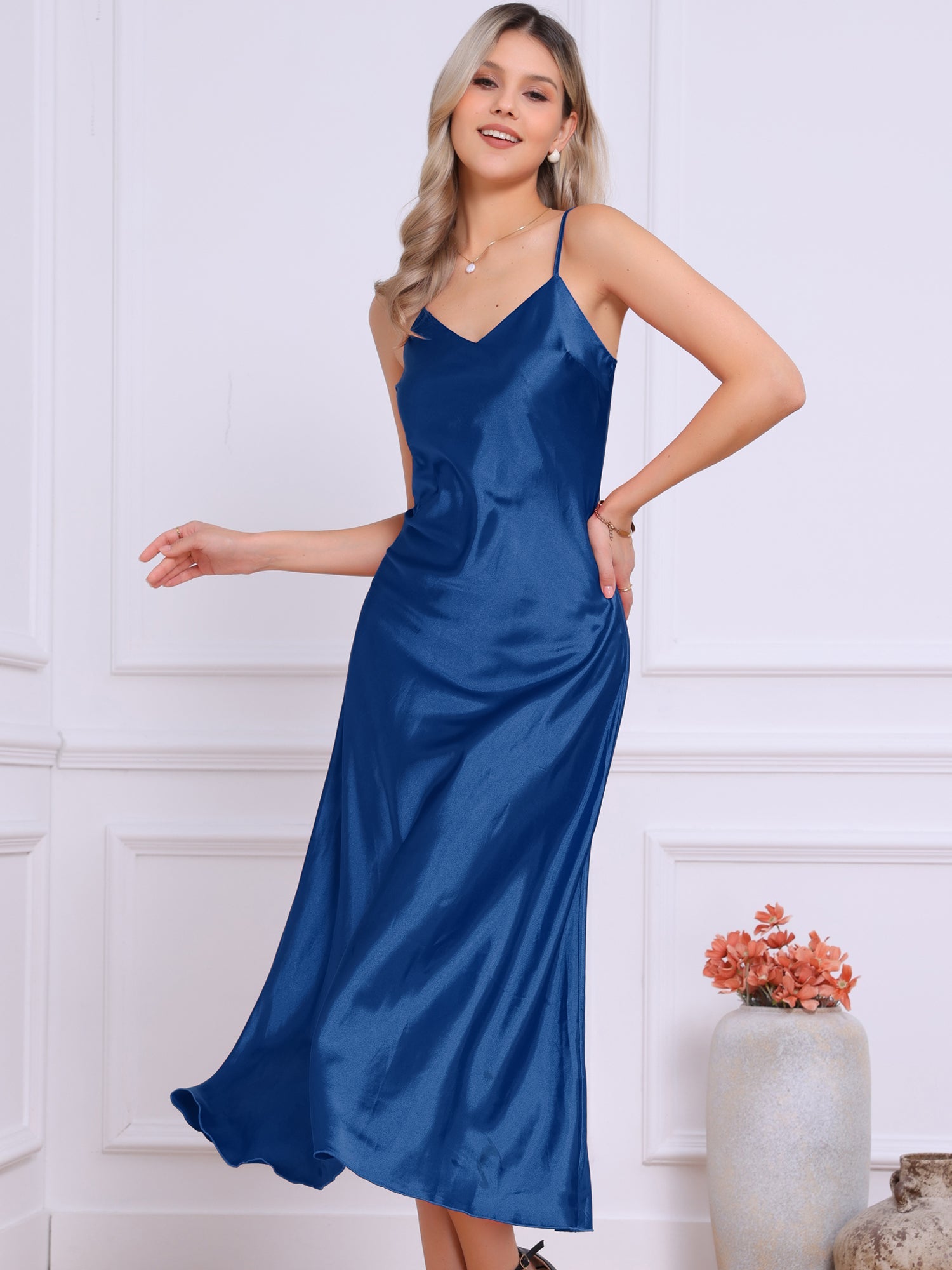 Satin Sleeveless Spaghetti Strap Maxi Dress
