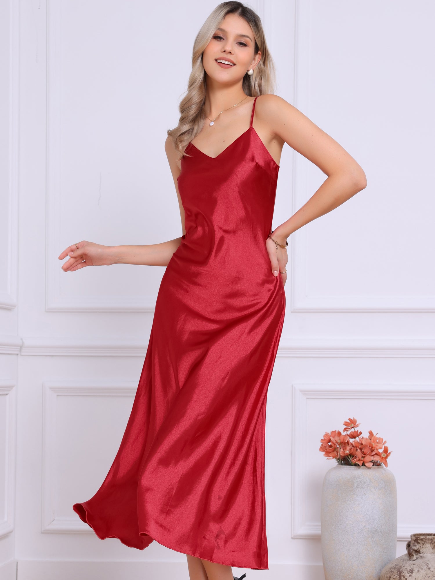 Satin Sleeveless Spaghetti Strap Maxi Dress