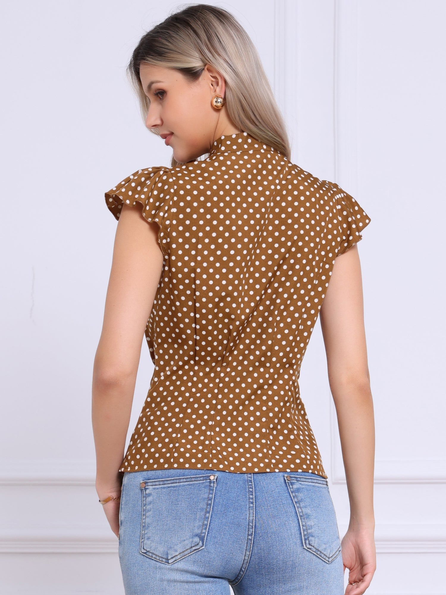 Summer Polka Dots Top Bow Tie V Neck Ruffled Cap Sleeve Office Blouse