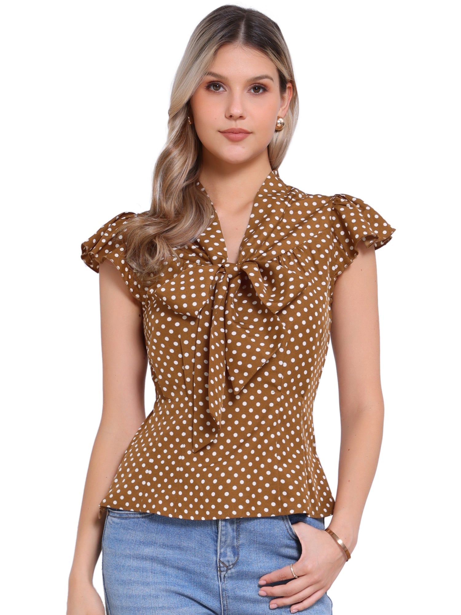 Summer Polka Dots Top Bow Tie V Neck Ruffled Cap Sleeve Office Blouse