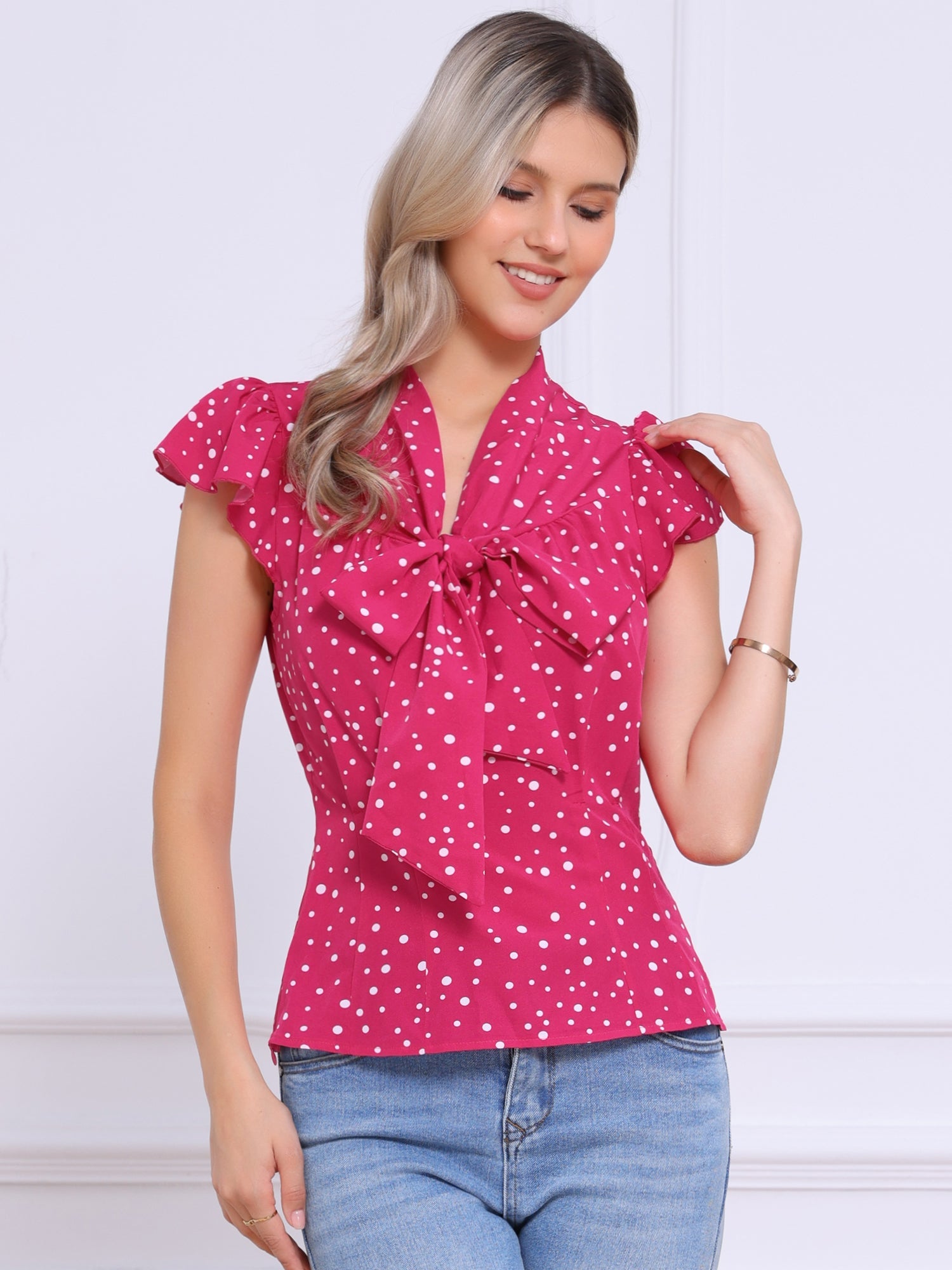 Summer Polka Dots Top Bow Tie V Neck Ruffled Cap Sleeve Office Blouse