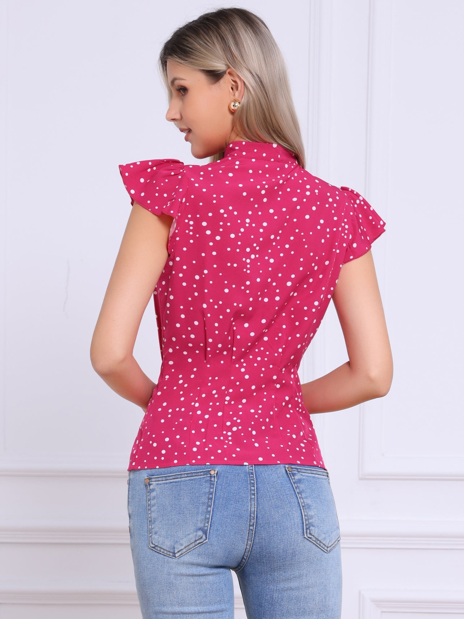 Summer Polka Dots Top Bow Tie V Neck Ruffled Cap Sleeve Office Blouse