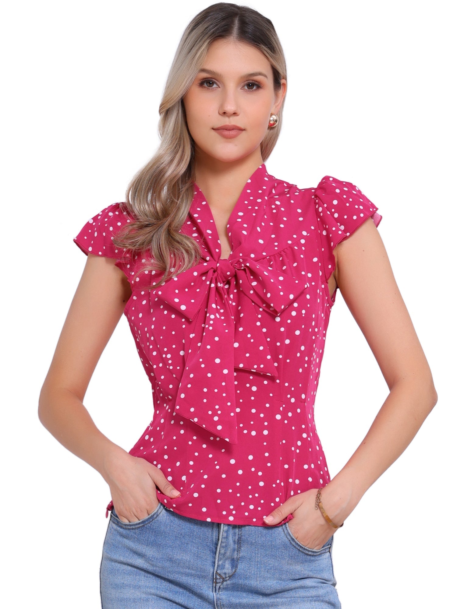 Summer Polka Dots Top Bow Tie V Neck Ruffled Cap Sleeve Office Blouse