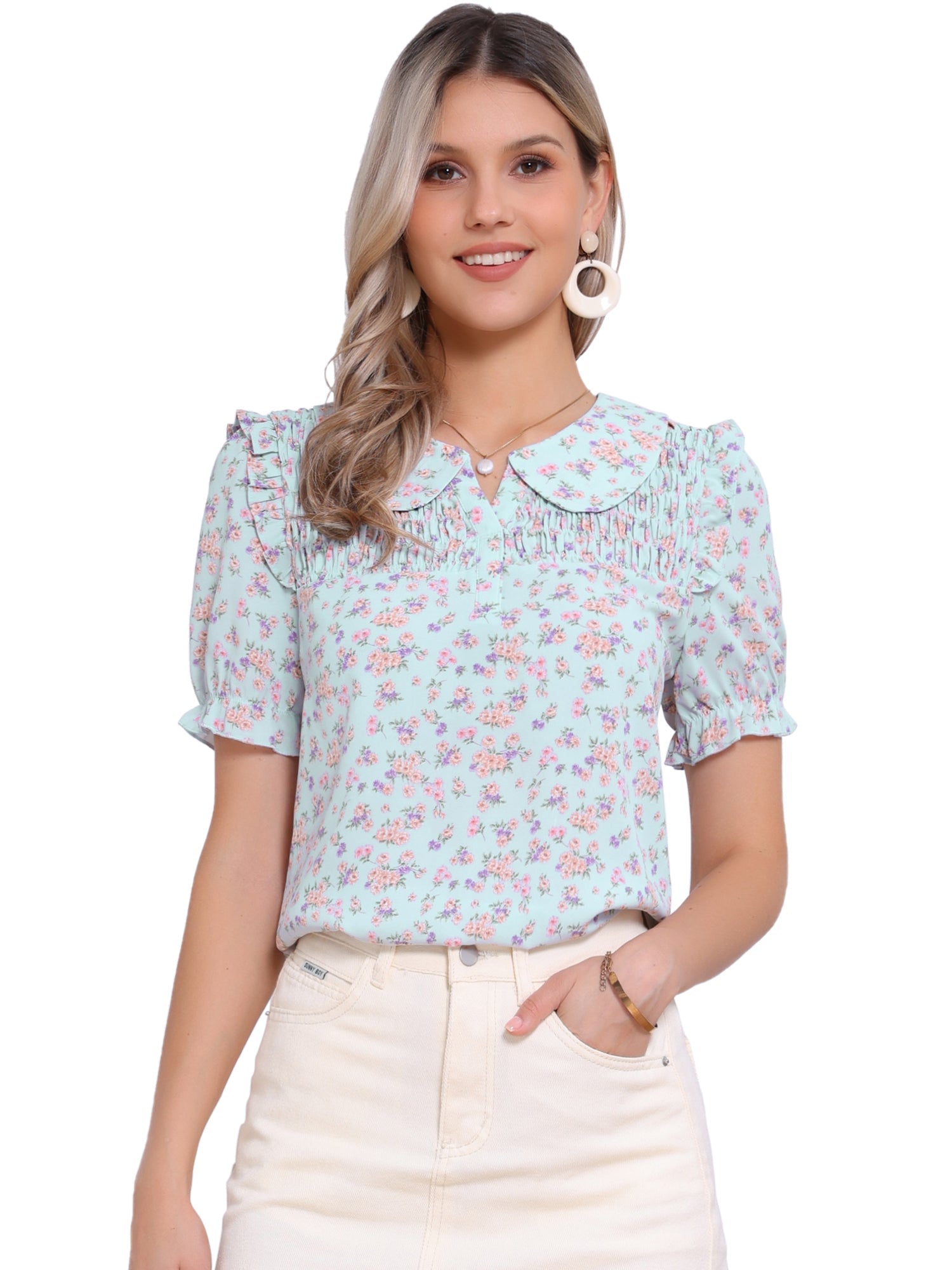 Peter Pan Collar Puff Short Sleeve Ruffle Smocked Floral Blouse