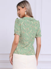 Peter Pan Collar Puff Short Sleeve Ruffle Smocked Floral Blouse