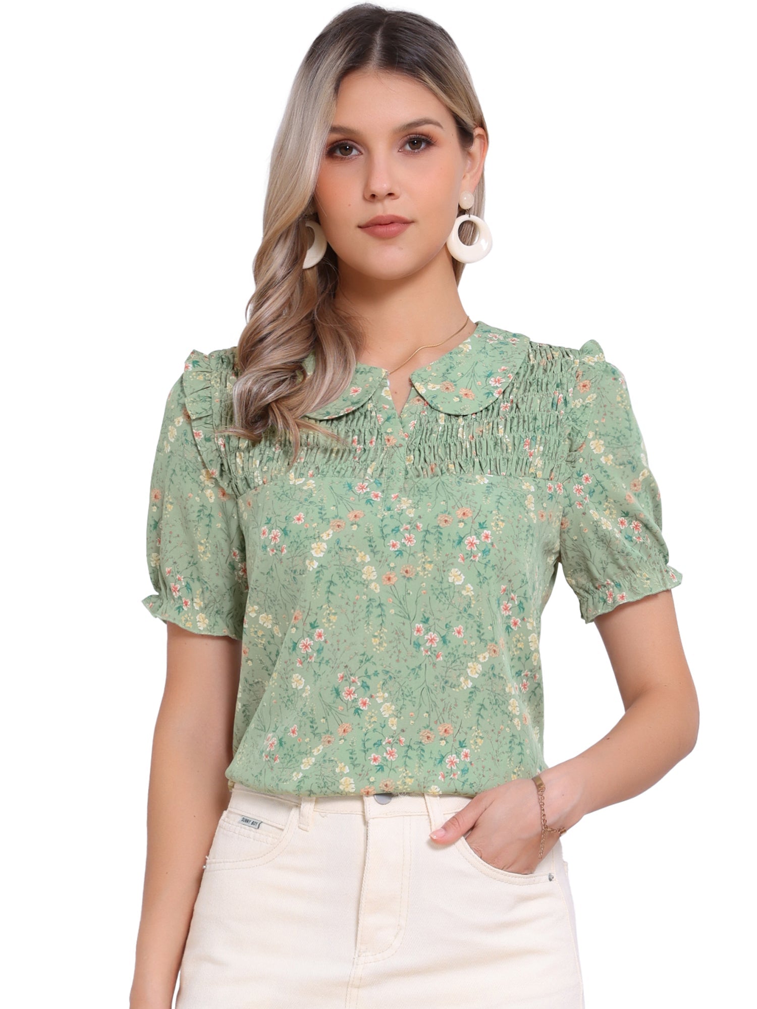 Peter Pan Collar Puff Short Sleeve Ruffle Smocked Floral Blouse