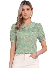 Peter Pan Collar Puff Short Sleeve Ruffle Smocked Floral Blouse